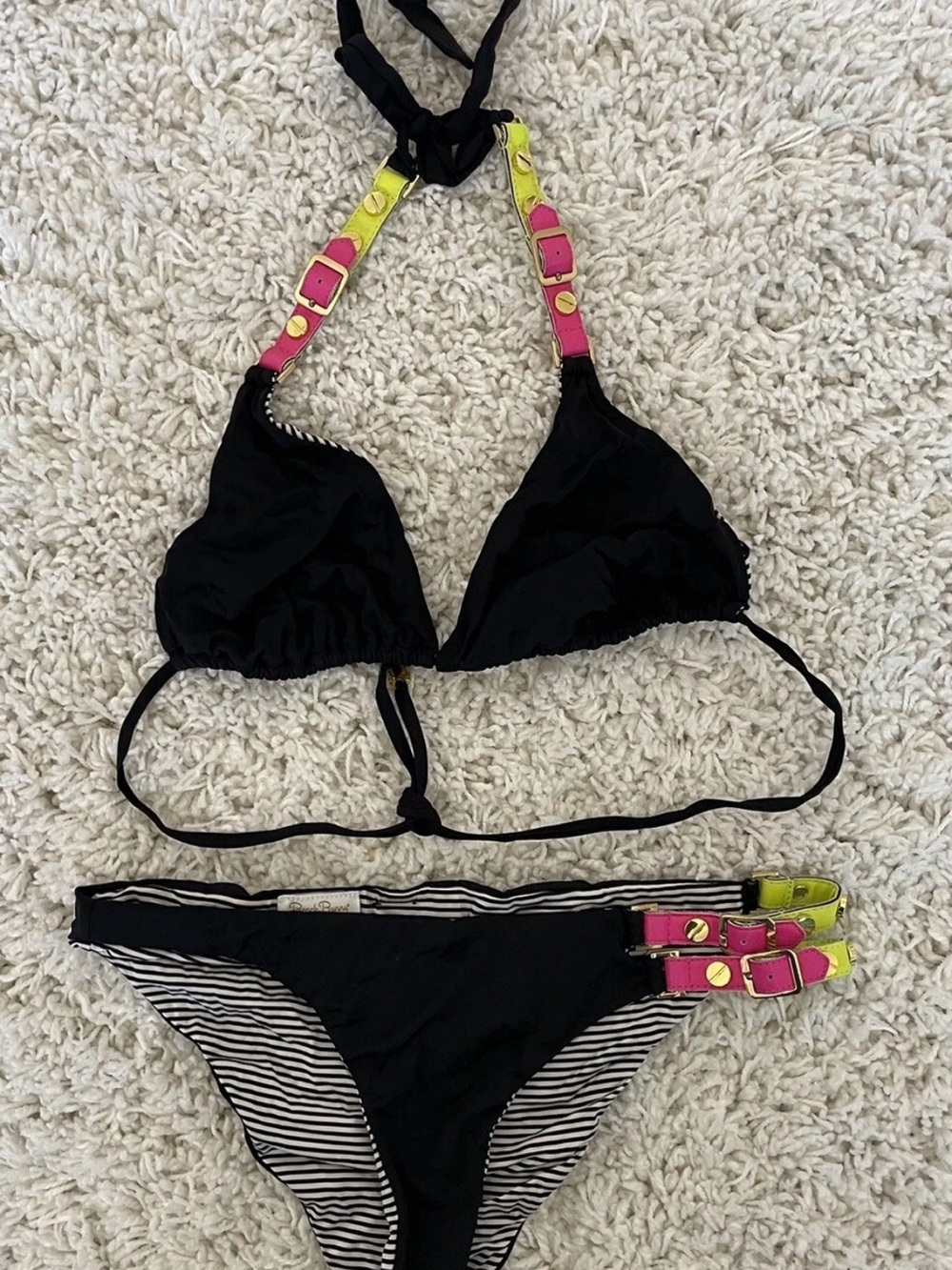 Beach Bunny Black Girls Bikini with Pink and Yellow Strap Accents